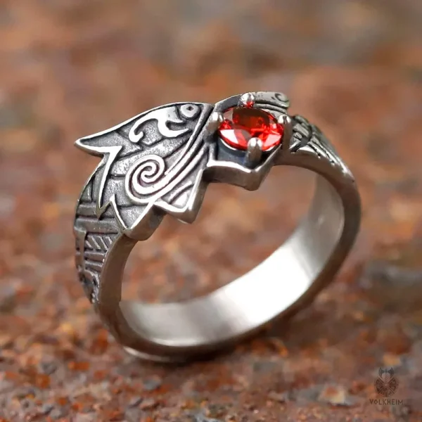 Bague Viking à motif de dragon et pierre rouge