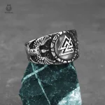 Bague Nordique avec symbole Valknut et corbeaux