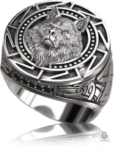 Chevalière Viking Tête de Loup en métal poli
