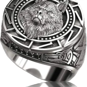 Chevalière Viking Tête de Loup en métal poli