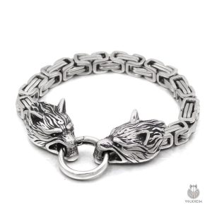 Bracelet avec fermoir têtes de loup inspiré de la mythologie nordique