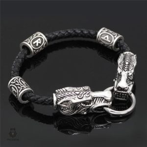 Bracelet Viking Runique avec fermoir en têtes de loups