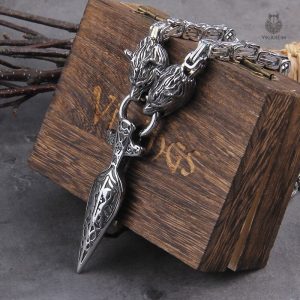 Collier Viking - Têtes de Loups et Lance en métal